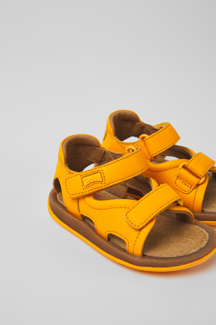 Close-up view of Bicho Yellow leather sandals for kids