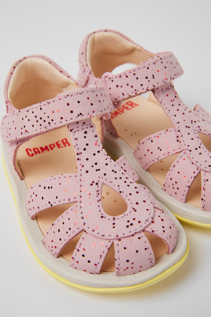 Close-up view of Bicho Pink nubuck sandals for kids