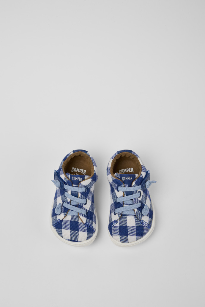 Overhead view of Peu Blue and white shoes for kids