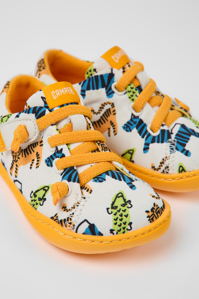 Close-up view of Peu Multicolored textile and leather shoes for kids