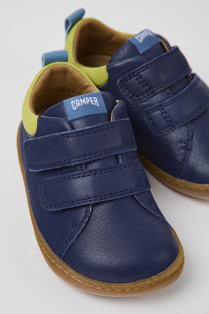 Close-up view of Peu Blue leather shoes for kids