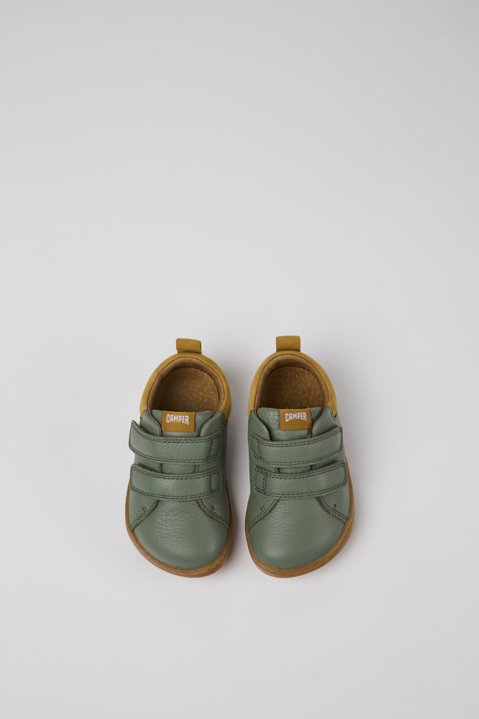 Overhead view of Peu Green leather shoes for kids