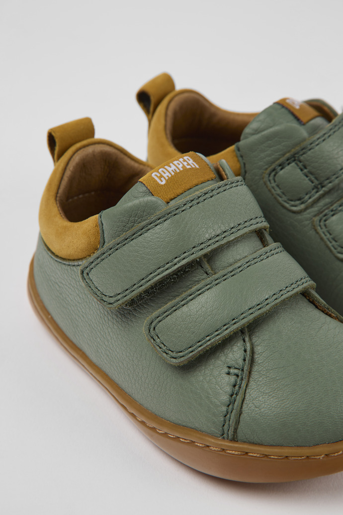Close-up view of Peu Green leather shoes for kids