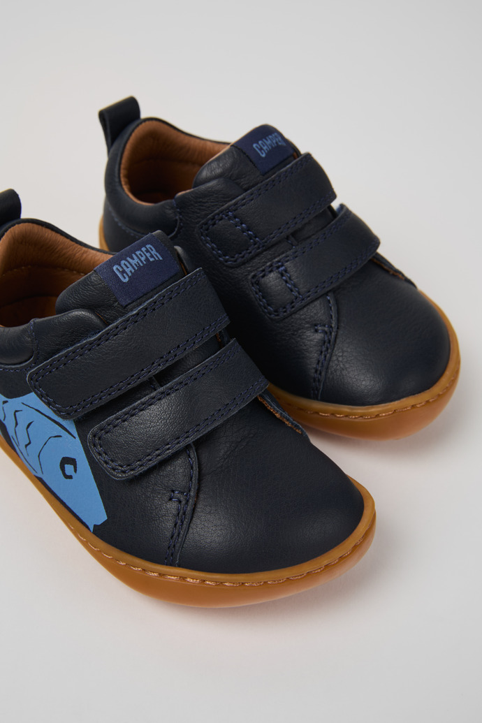 Close-up view of Twins Blue Leather Kids' Sneakers.