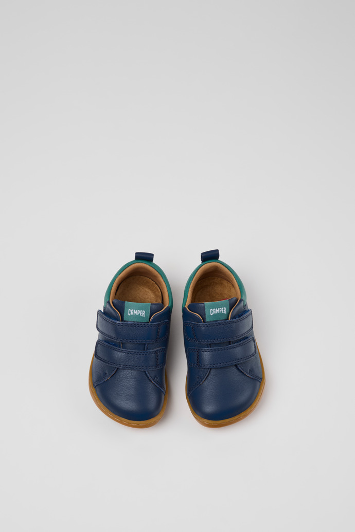 Overhead view of Peu Blue and Green Leather Sneakers for kids.