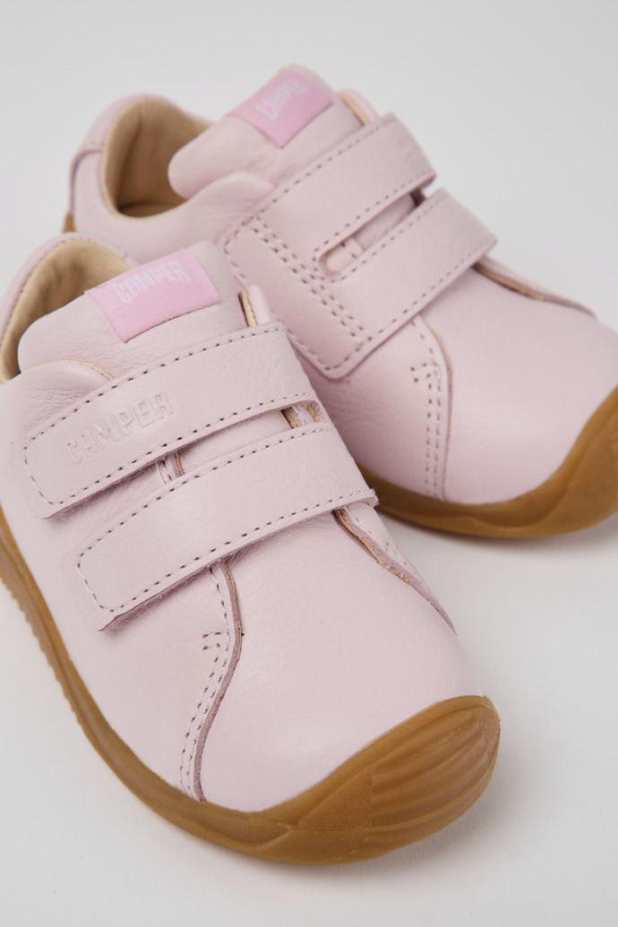 Close-up view of Dadda Pink leather sneakers for kids