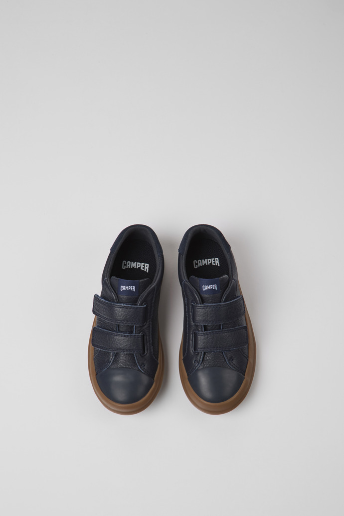 Overhead view of Pursuit Blue leather and nubuck sneakers for kids