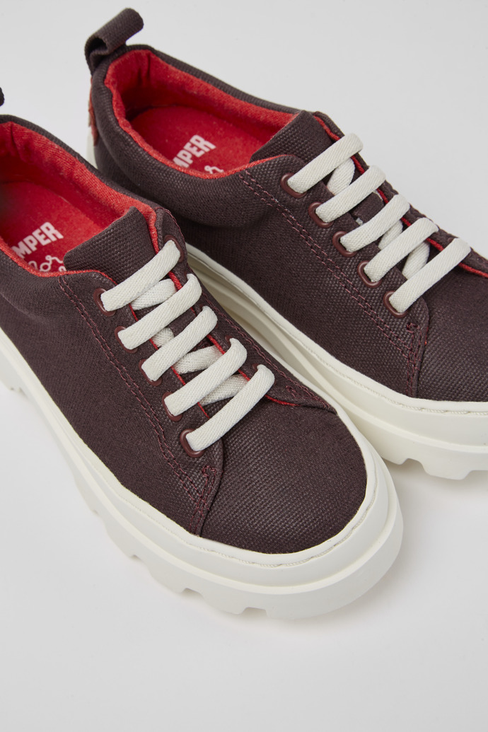 Close-up view of Brutus Burgundy organic cotton shoes for kids
