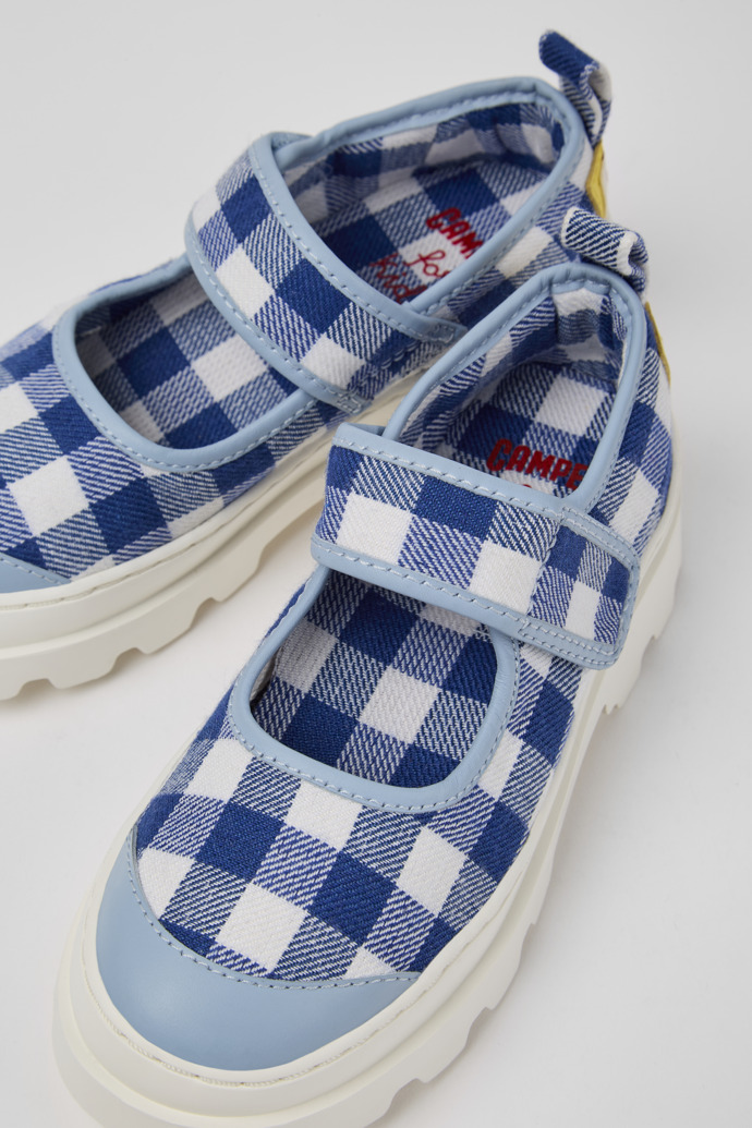 Close-up view of Brutus Blue and white Mary Jane shoes for kids