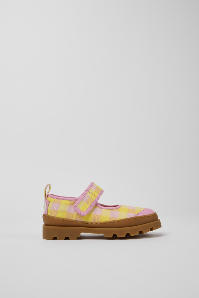 Side view of Brutus Pink and yellow Mary Jane shoes for kids