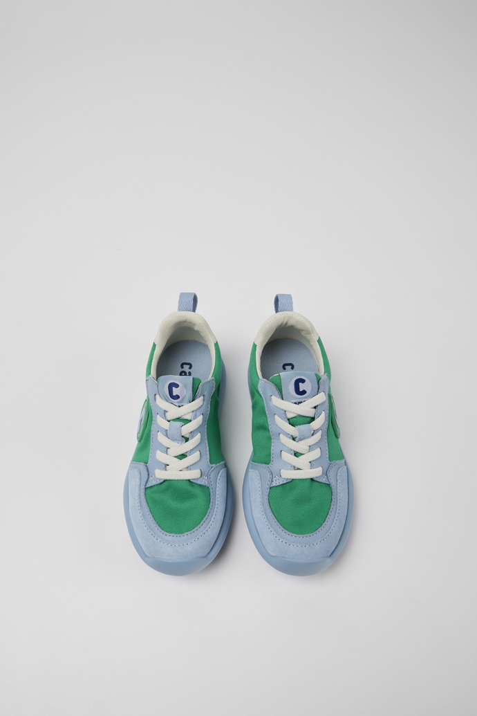 Overhead view of Driftie Green, blue, and white sneakers for kids