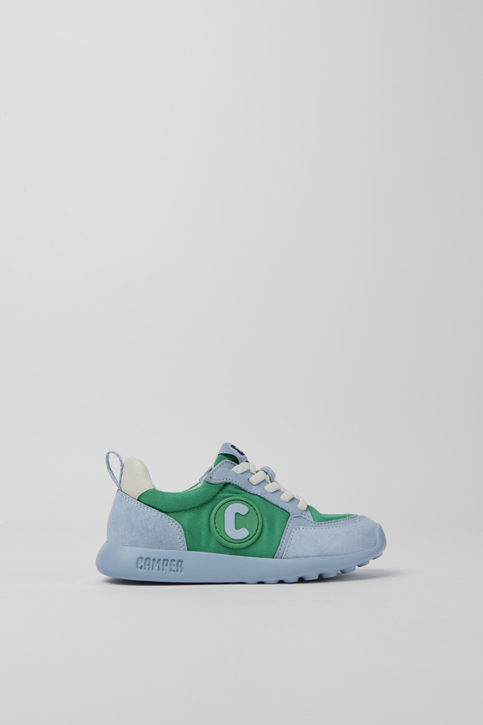 Side view of Driftie Green, blue, and white sneakers for kids