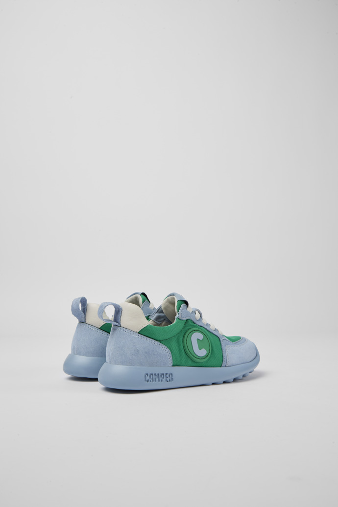 Back view of Driftie Green, blue, and white sneakers for kids