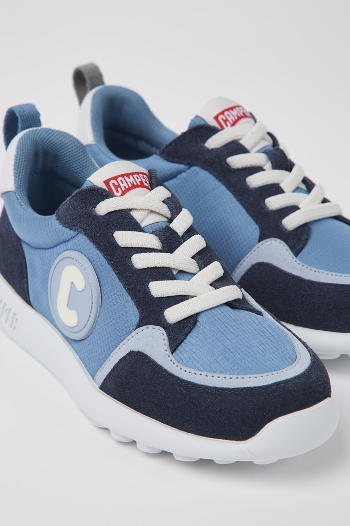 Close-up view of Driftie Blue textile and nubuck sneakers for kids