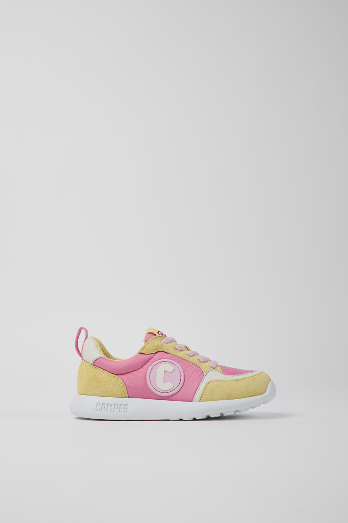 Side view of Driftie Yellow and pink textile and nubuck sneakers for kids