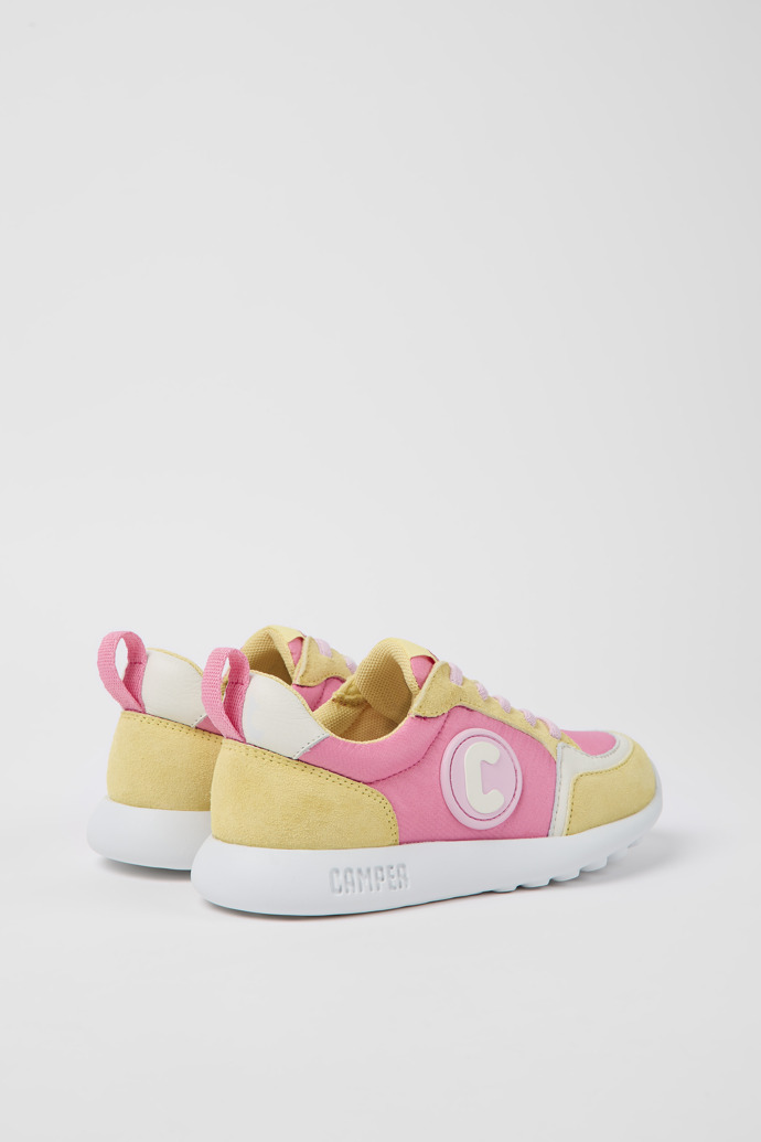 Back view of Driftie Yellow and pink textile and nubuck sneakers for kids