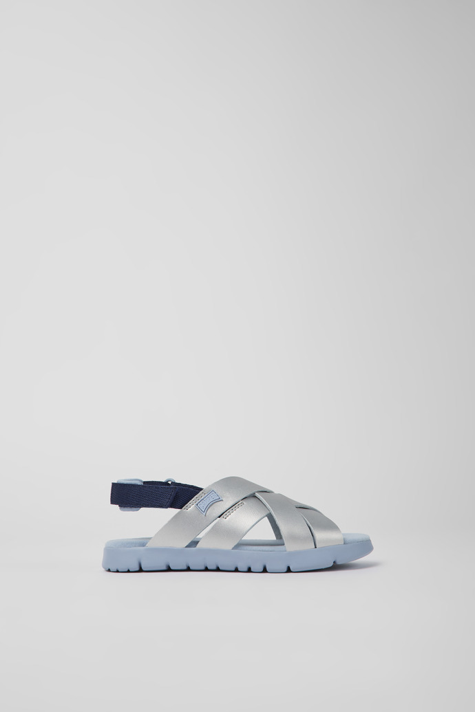 Image of Side view of Oruga Grey leather and textile sandals for kids