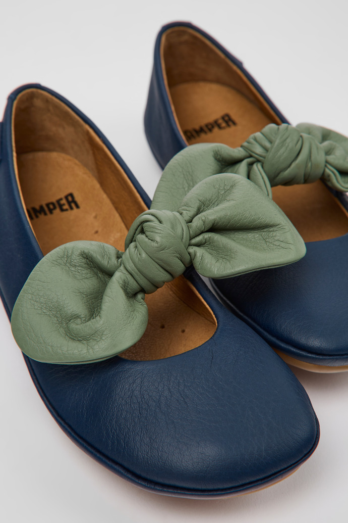 Close-up view of Right Blue and green leather ballerinas for kids