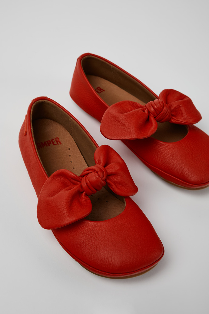 Close-up view of Right Red Leather Ballerina for Kids.