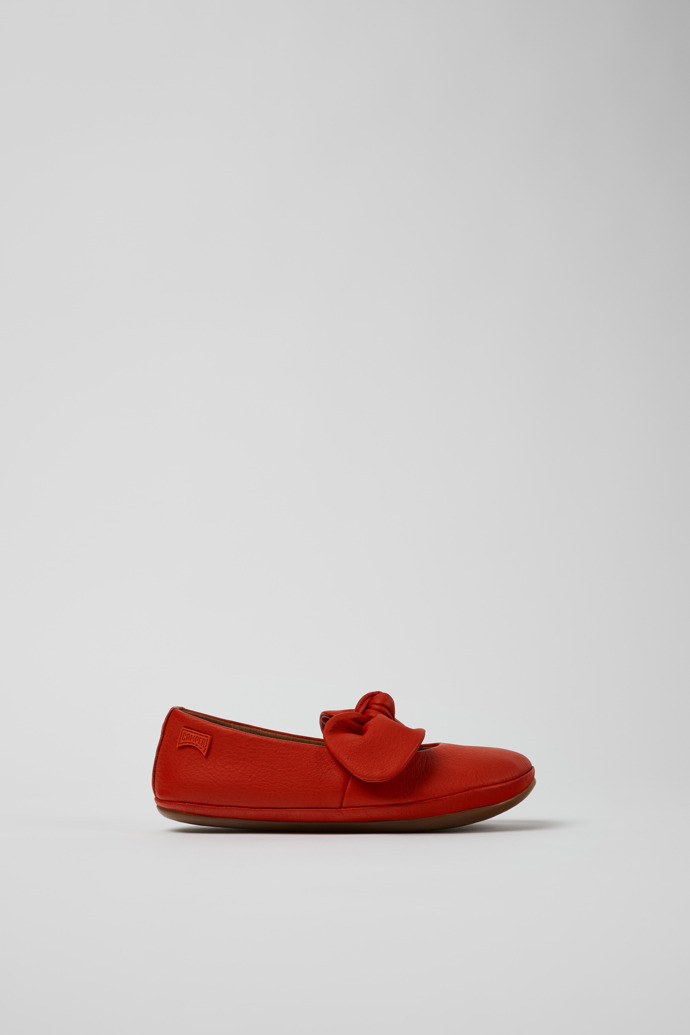 Side view of Right Red Leather Ballerina for Kids.