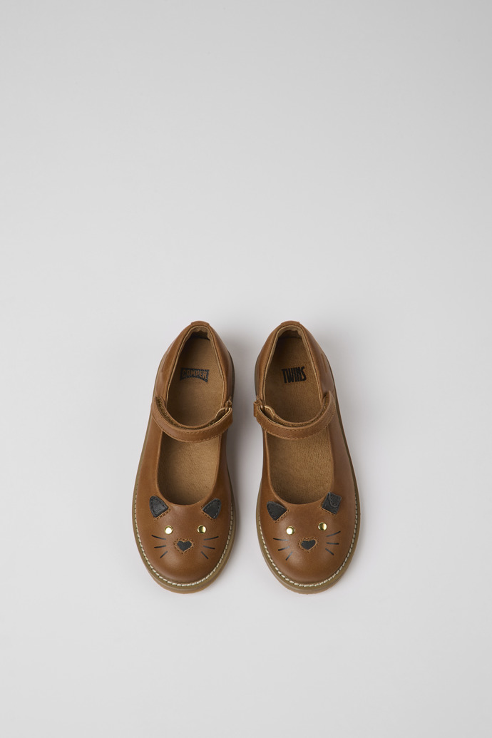 Overhead view of Twins Brown leather Mary Jane flats