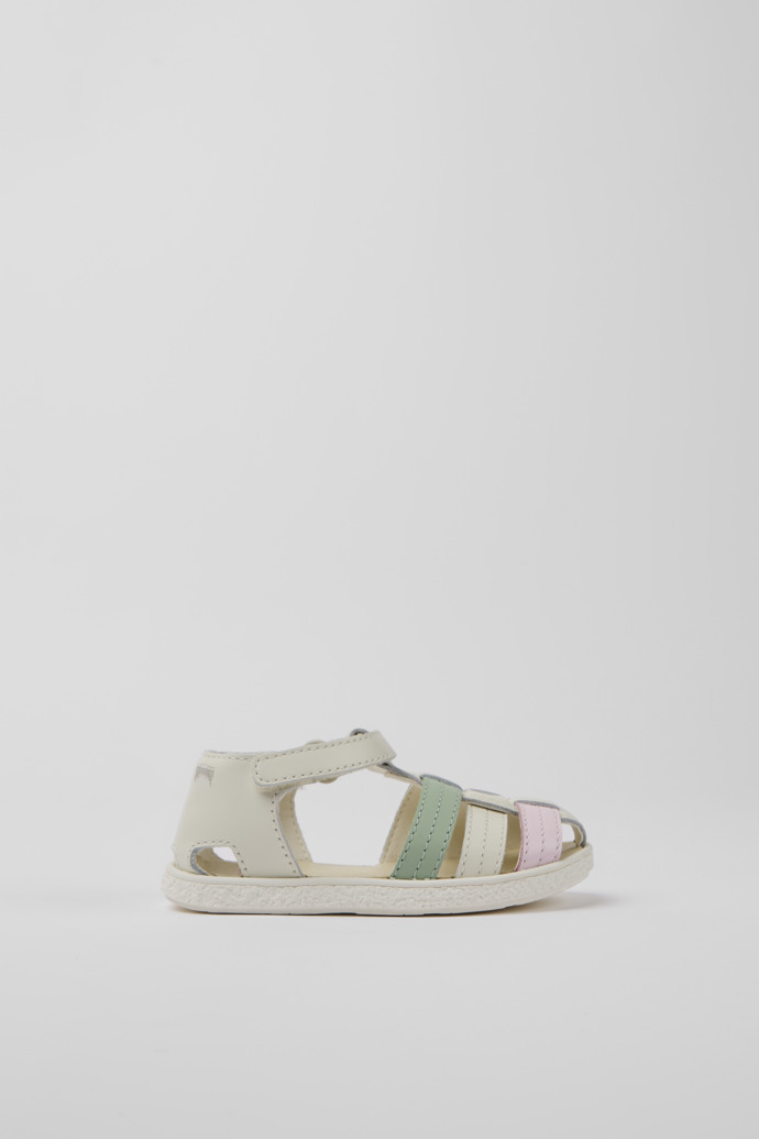 Side view of Miko White, green, and pink leather sandals