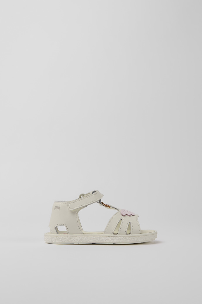Side view of Miko White, pink, and yellow leather sandals