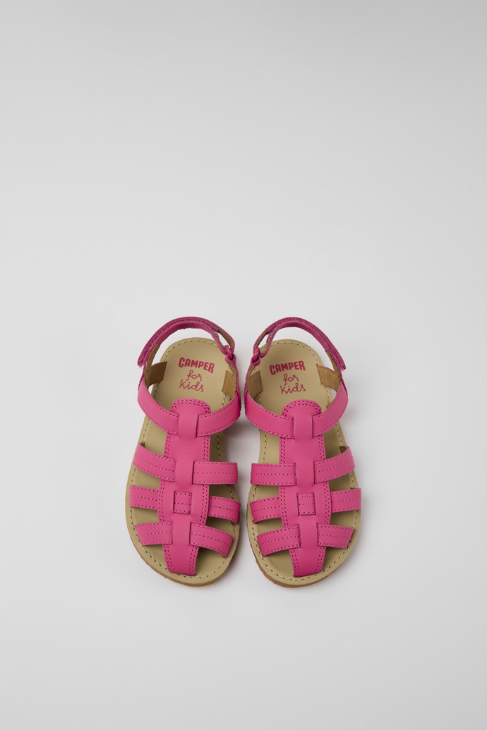Overhead view of Miko Pink leather sandals for girls