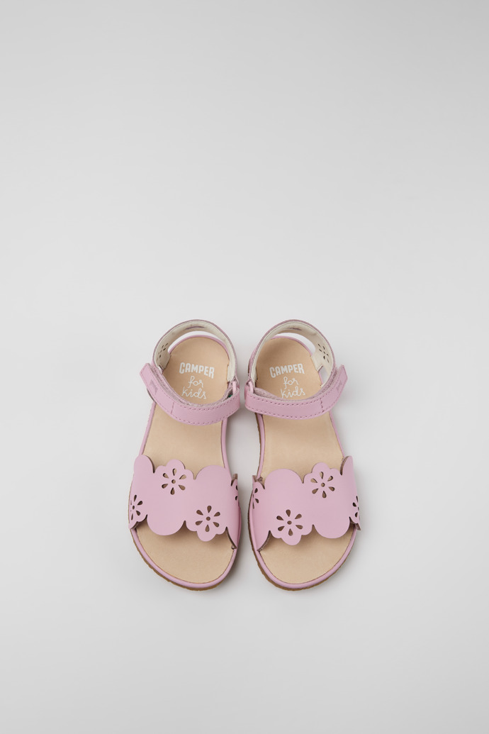 Overhead view of Miko Pink leather sandals for girls