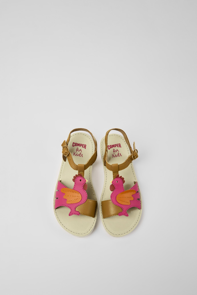 Overhead view of Miko Brown and pink leather sandals for girls