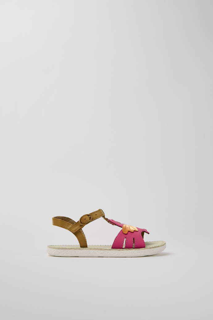 Side view of Miko Brown and pink leather sandals for girls