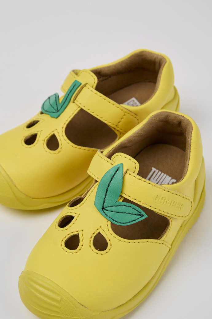 Close-up view of Twins Yellow and green leather shoes for kids
