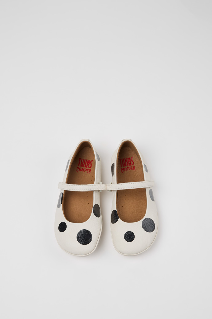 Overhead view of Twins White and Black Leather Ballerinas for kids.