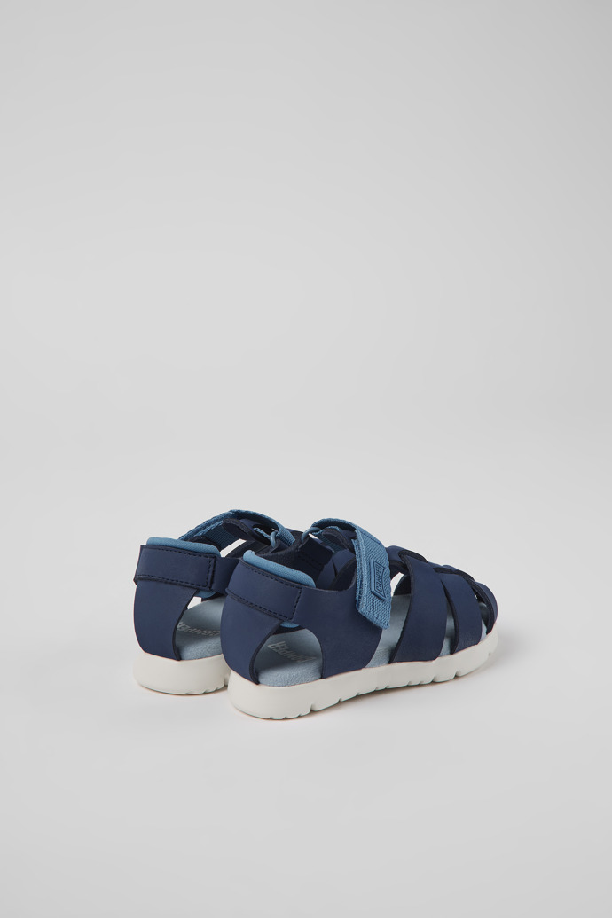 Back view of Oruga Blue leather and textile sandals for kids