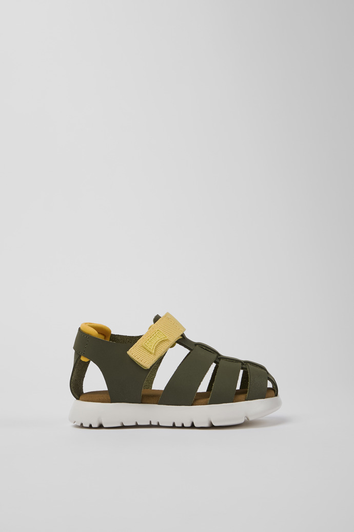 Image of Side view of Oruga Green leather and textile sandals for kids