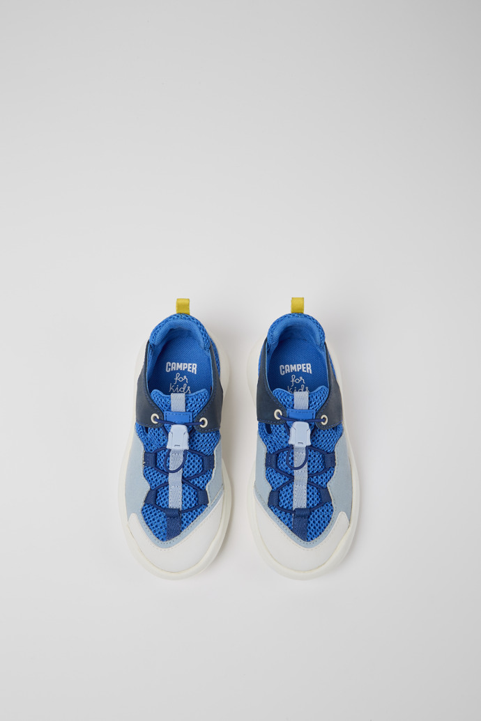 Overhead view of CRCLR Blue and white  sneakers for kids