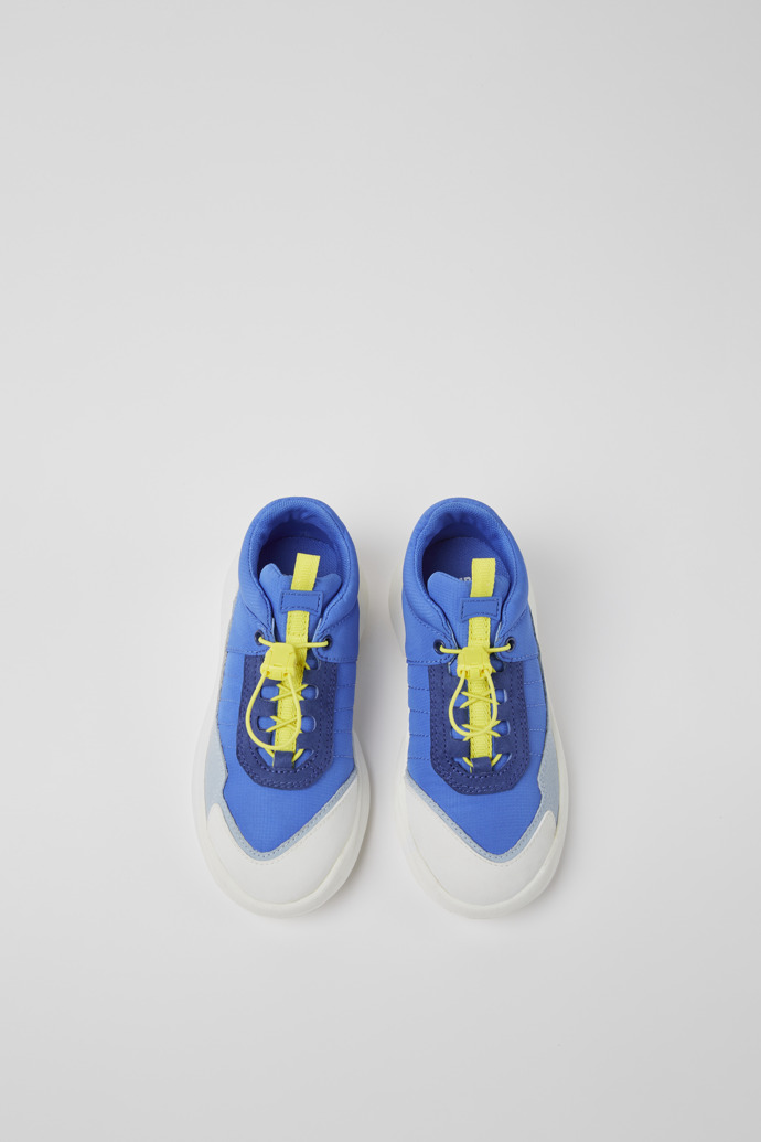 Overhead view of CRCLR Blue and white sneakers for kids