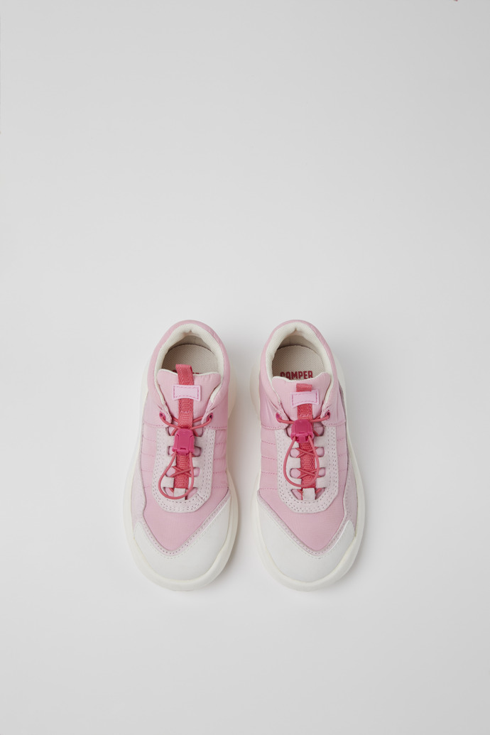 Overhead view of CRCLR Pink and white sneakers for girls