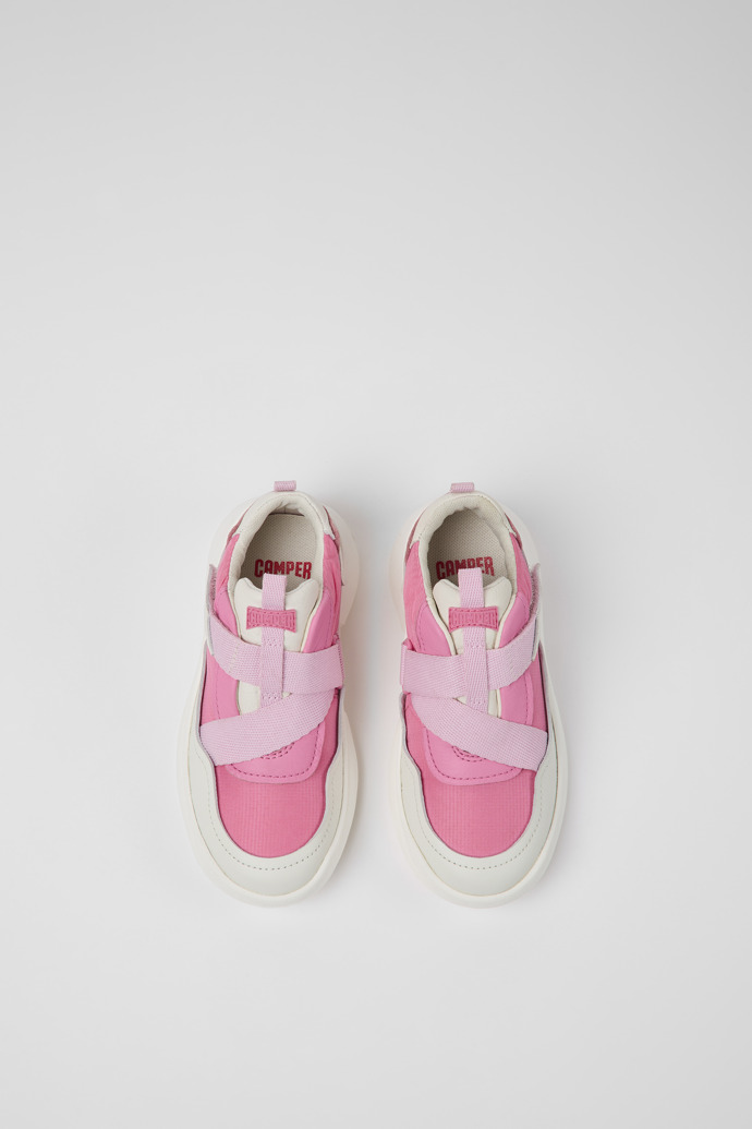 Overhead view of CRCLR Pink leather and textile sneakers for kids