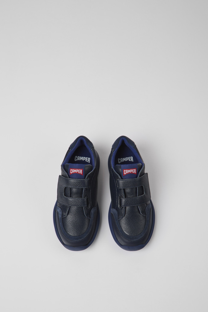 Overhead view of Driftie Navy blue leather and textile sneakers