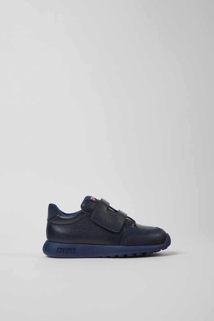 Image of Side view of Driftie Navy blue leather and textile sneakers