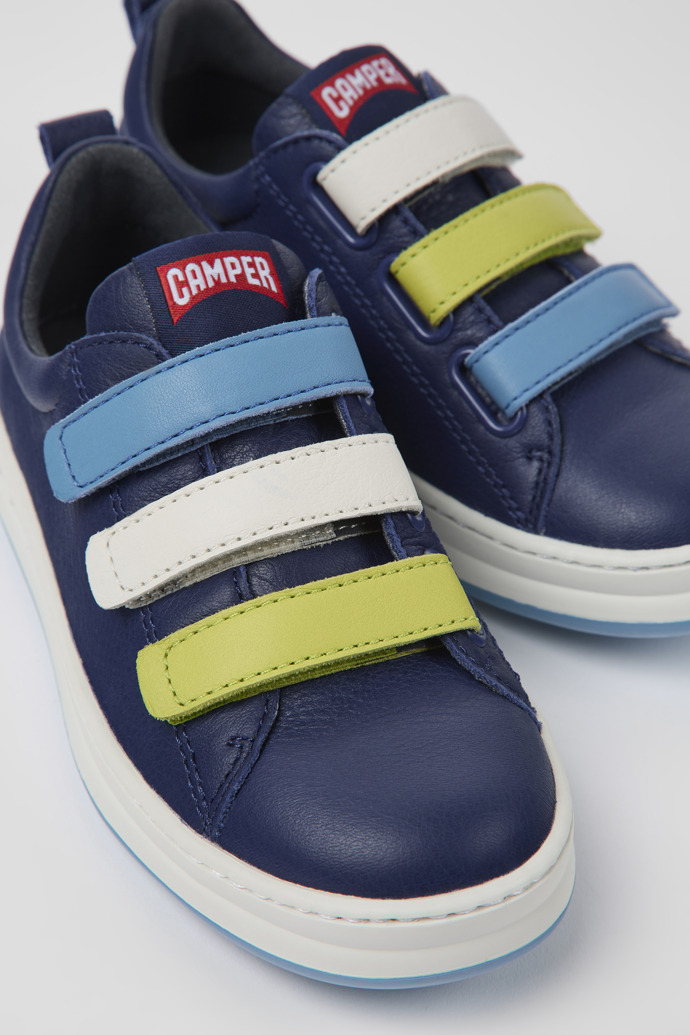 Close-up view of Twins Blue leather sneakers for kids