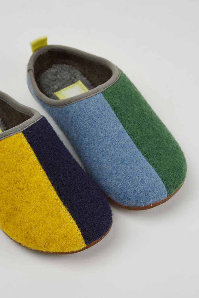 Close-up view of Twins Multicolored wool slippers