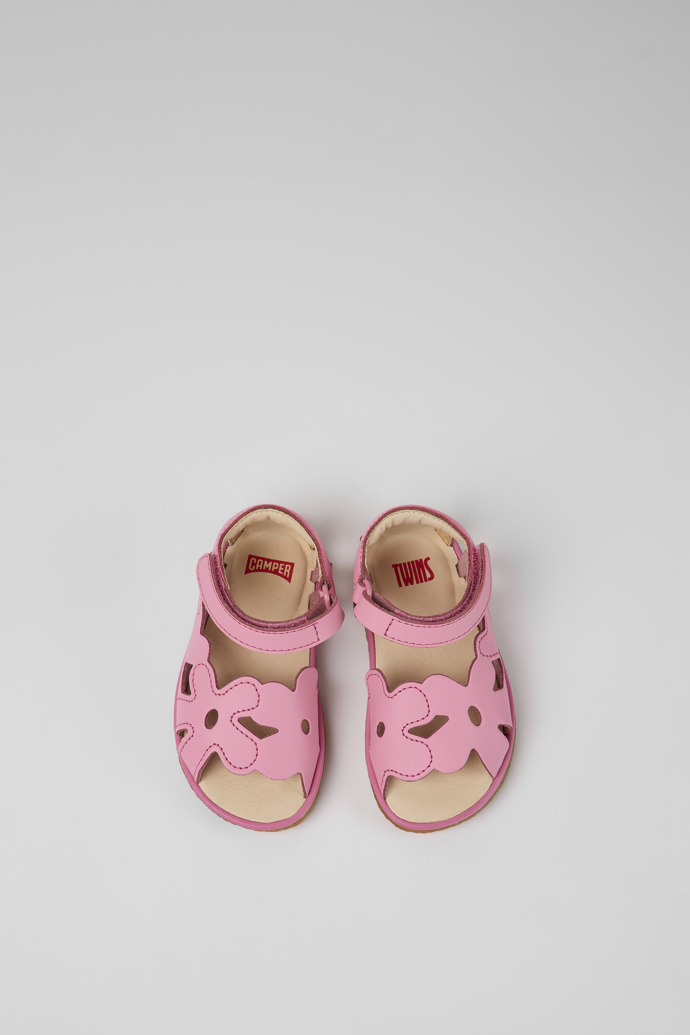 Overhead view of Twins Pink leather sandals for kids