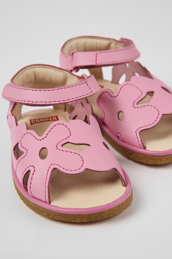 Close-up view of Twins Pink leather sandals for kids