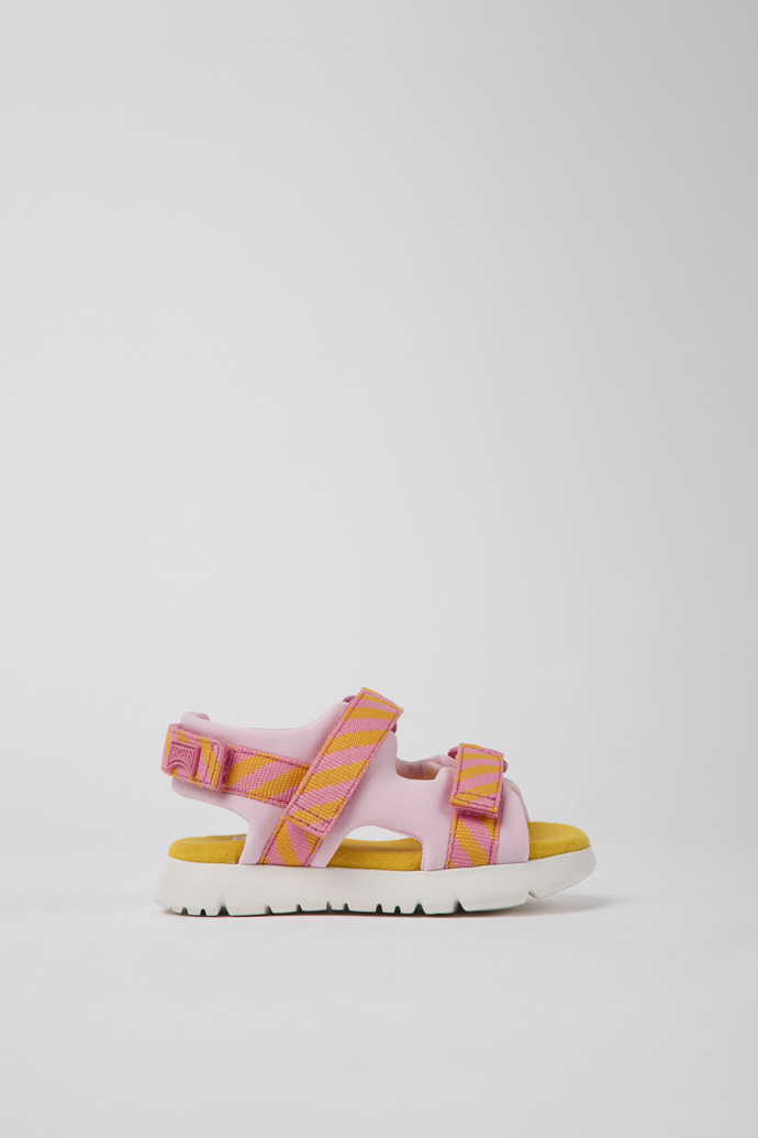 Image of Side view of Oruga Pink and orange textile sandals for kids