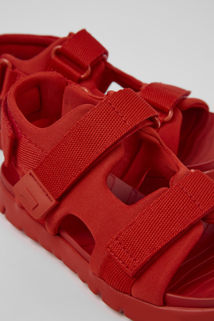 Close-up view of Oruga Red Textile 2-Strap Sandal