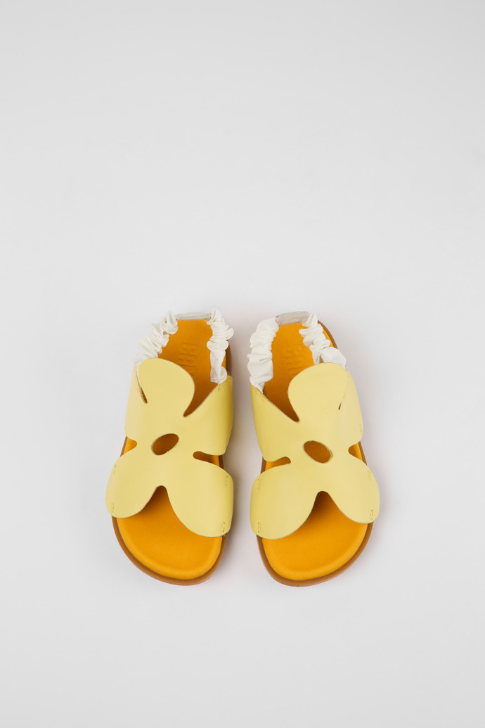 Overhead view of Brutus Sandal Yellow and brown leather sandals for kids