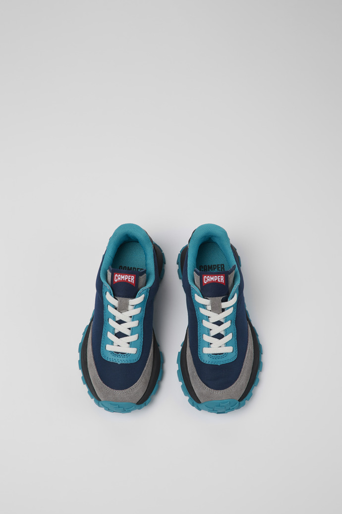 Overhead view of Drift Trail Blue textile and leather sneakers for kids