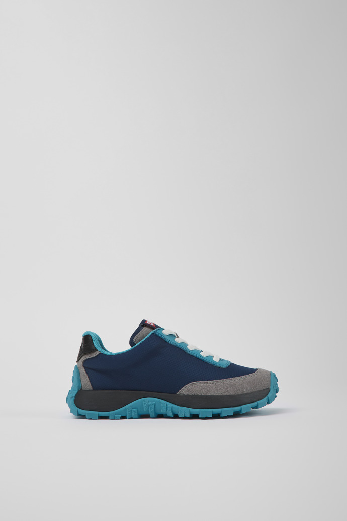 Side view of Drift Trail Blue textile and leather sneakers for kids